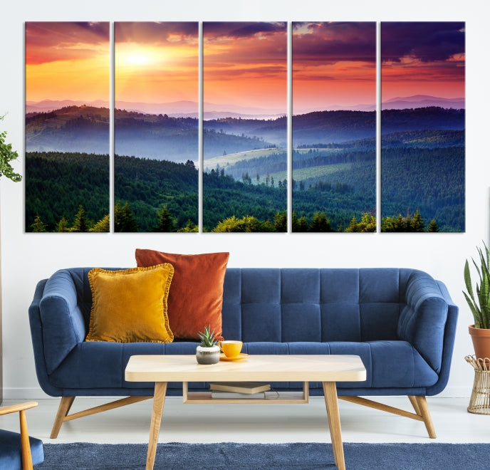 Mountain Landscape and Sunset Framed Canvas Wall Art Giclee Print