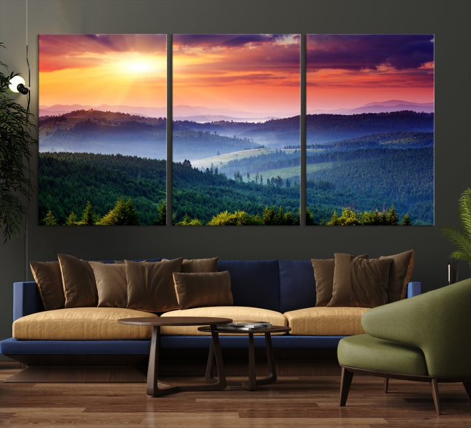 Mountain Landscape and Sunset Framed Canvas Wall Art Giclee Print