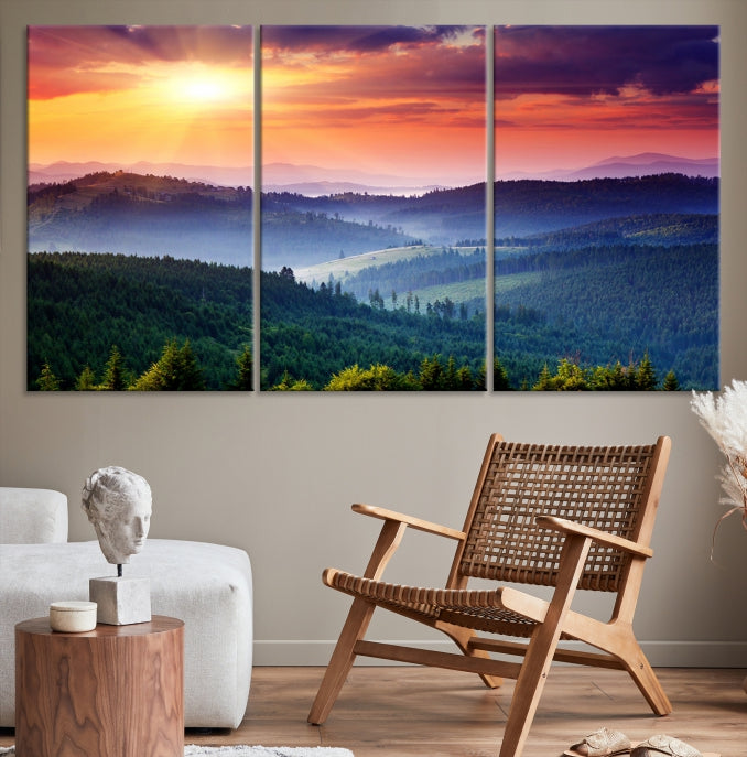 Mountain Landscape and Sunset Framed Canvas Wall Art Giclee Print