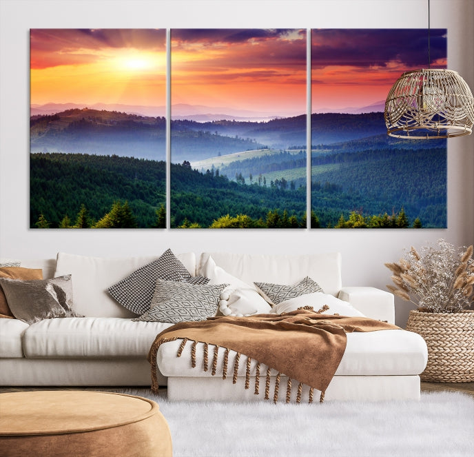 Mountain Landscape and Sunset Framed Canvas Wall Art Giclee Print