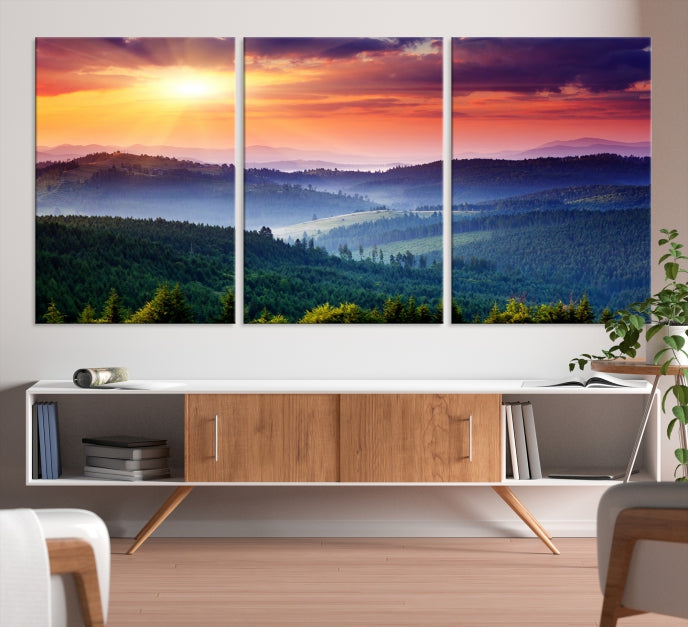 Mountain Landscape and Sunset Framed Canvas Wall Art Giclee Print