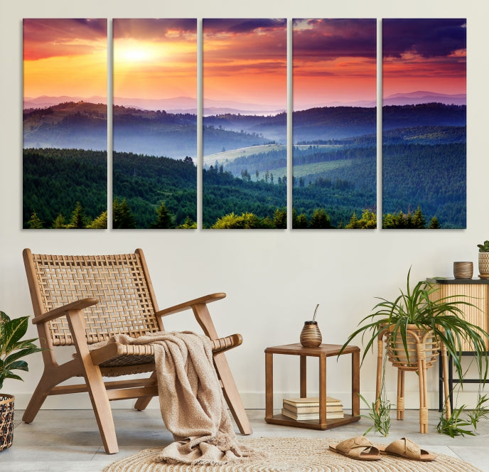 Mountain Landscape and Sunset Framed Canvas Wall Art Giclee Print