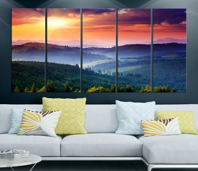 Mountain Landscape and Sunset Framed Canvas Wall Art Giclee Print