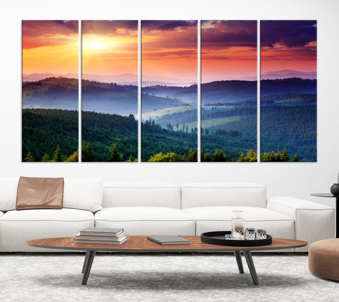 Mountain Landscape and Sunset Framed Canvas Wall Art Giclee Print