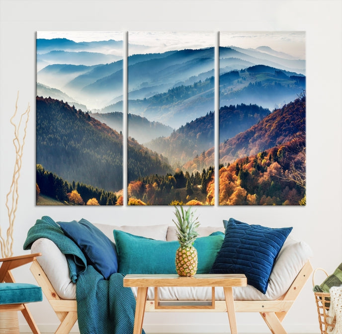 Mountain Misty Forest Foggy Autumn Framed Canvas Wall Art Giclee Print