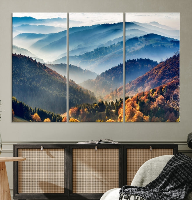 Mountain Misty Forest Foggy Autumn Framed Canvas Wall Art Giclee Print