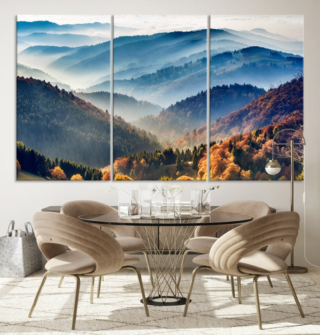 Mountain Misty Forest Foggy Autumn Framed Canvas Wall Art Giclee Print