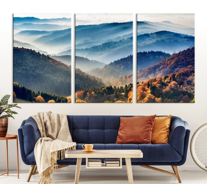 Mountain Misty Forest Foggy Autumn Framed Canvas Wall Art Giclee Print