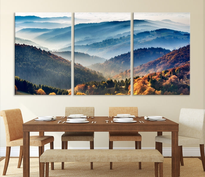 Mountain Misty Forest Foggy Autumn Framed Canvas Wall Art Giclee Print