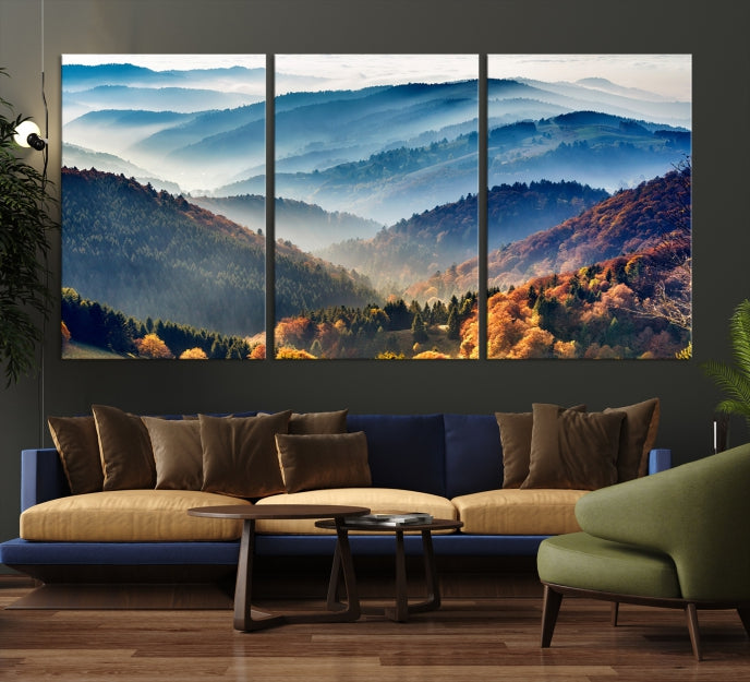 Mountain Misty Forest Foggy Autumn Framed Canvas Wall Art Giclee Print