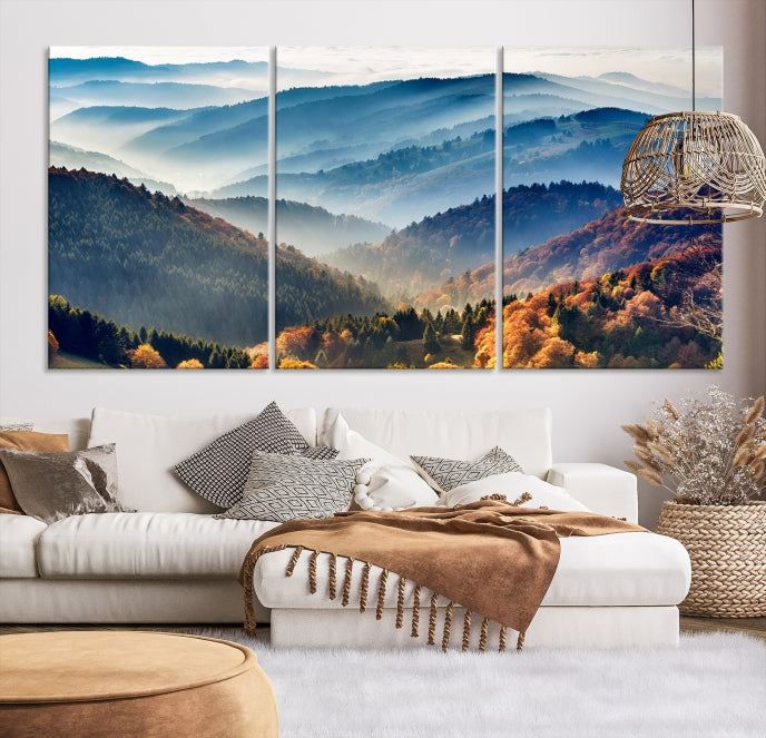 Mountain Misty Forest Foggy Autumn Framed Canvas Wall Art Giclee Print