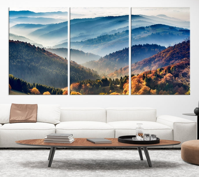 Mountain Misty Forest Foggy Autumn Framed Canvas Wall Art Giclee Print