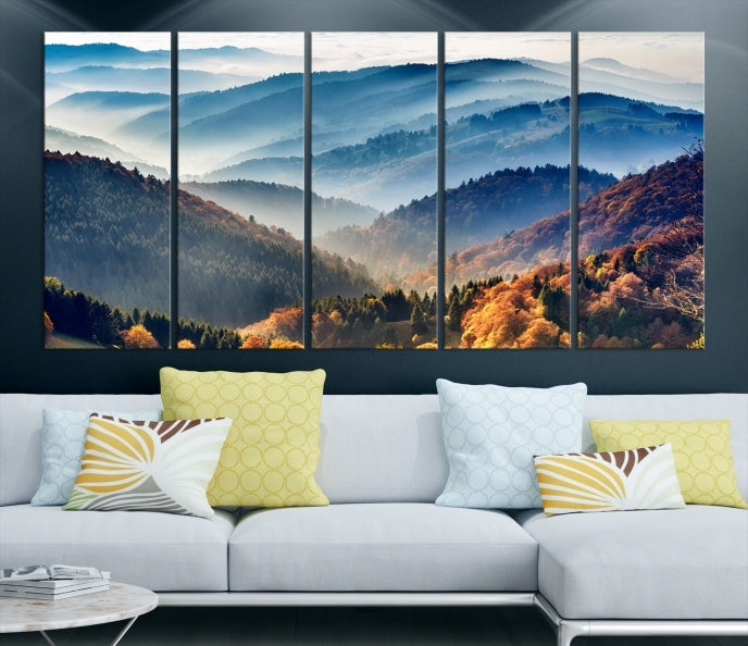 Mountain Misty Forest Foggy Autumn Framed Canvas Wall Art Giclee Print