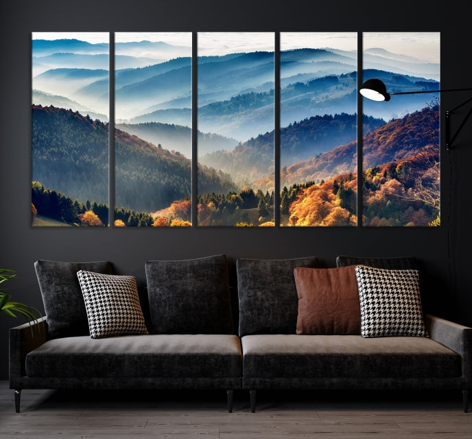 Mountain Misty Forest Foggy Autumn Framed Canvas Wall Art Giclee Print