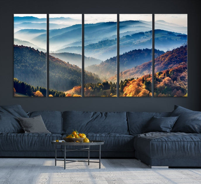 Mountain Misty Forest Foggy Autumn Framed Canvas Wall Art Giclee Print