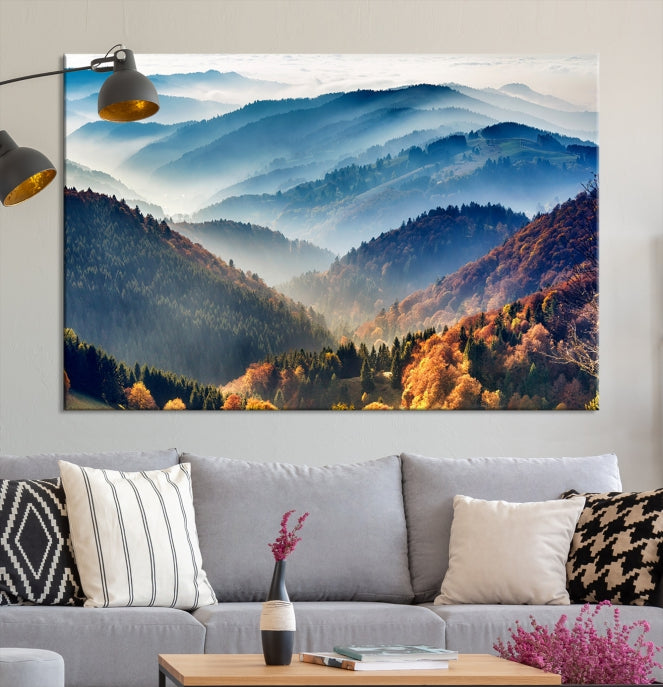 Mountain Misty Forest Foggy Autumn Framed Canvas Wall Art Giclee Print