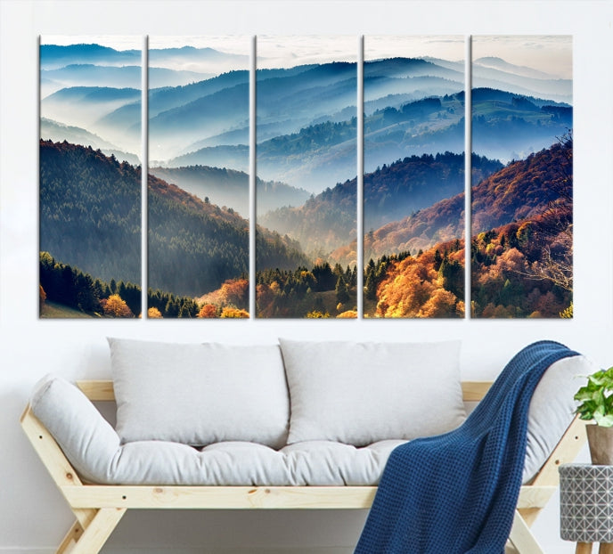 Mountain Misty Forest Foggy Autumn Framed Canvas Wall Art Giclee Print