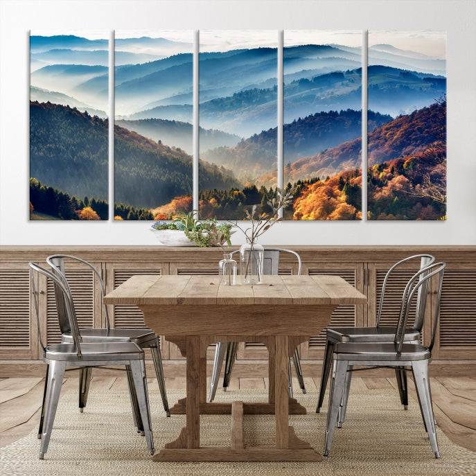 Mountain Misty Forest Foggy Autumn Framed Canvas Wall Art Giclee Print