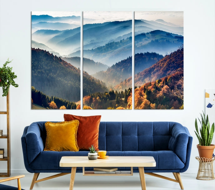 Mountain Misty Forest Foggy Autumn Framed Canvas Wall Art Giclee Print