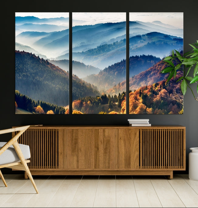 Mountain Misty Forest Foggy Autumn Framed Canvas Wall Art Giclee Print