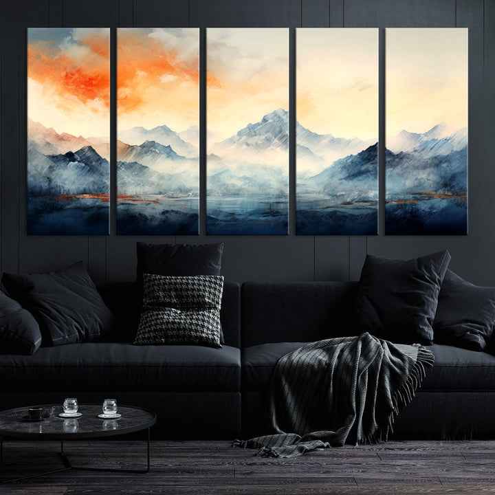 Mountain & Sunset Piece Wall Art, Abstract Nature Print, Watercolor Landscape Painting, Stretched and Framed