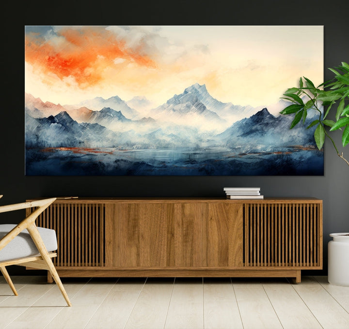 Mountain & Sunset Piece Wall Art, Abstract Nature Print, Watercolor Landscape Painting, Stretched and Framed