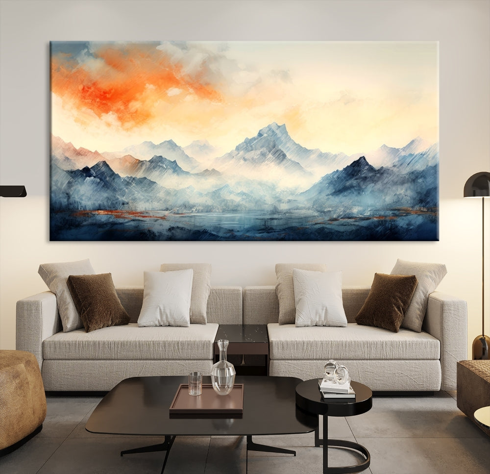 Mountain & Sunset Piece Wall Art, Abstract Nature Print, Watercolor Landscape Painting, Stretched and Framed