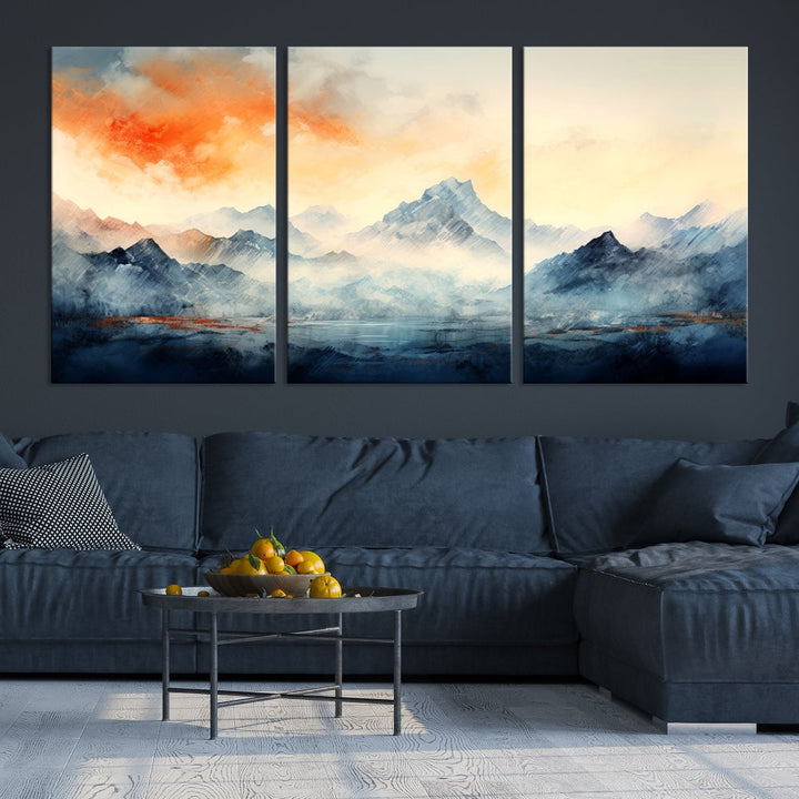 Mountain & Sunset Piece Wall Art, Abstract Nature Print, Watercolor Landscape Painting, Stretched and Framed