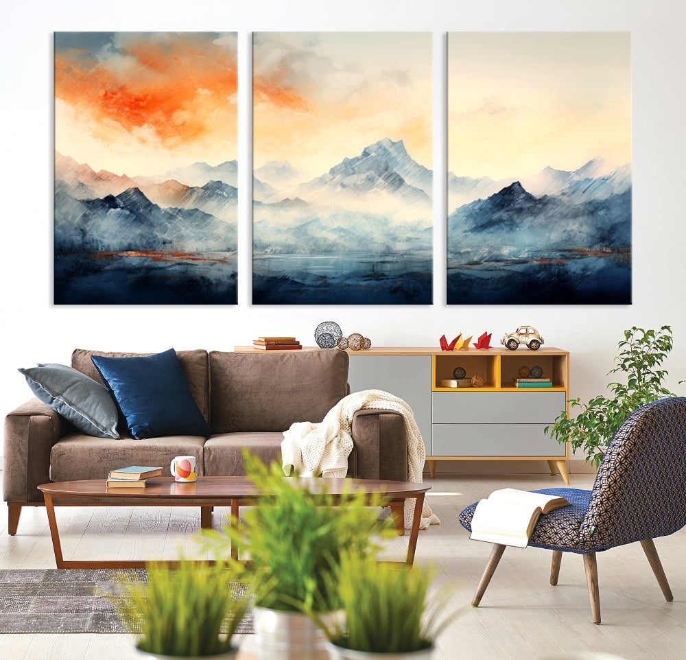 Mountain & Sunset Piece Wall Art, Abstract Nature Print, Watercolor Landscape Painting, Stretched and Framed