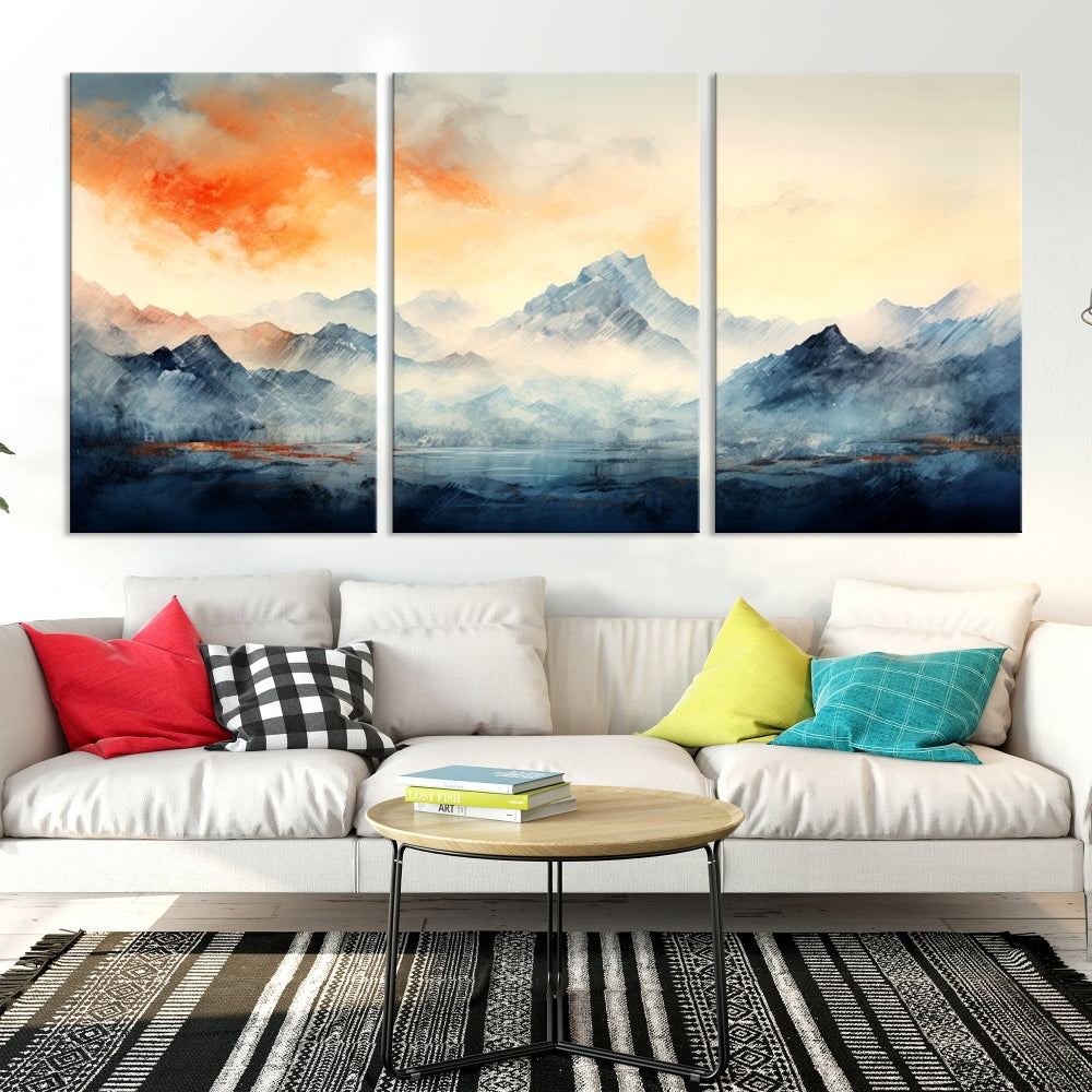 Mountain & Sunset Piece Wall Art, Abstract Nature Print, Watercolor Landscape Painting, Stretched and Framed