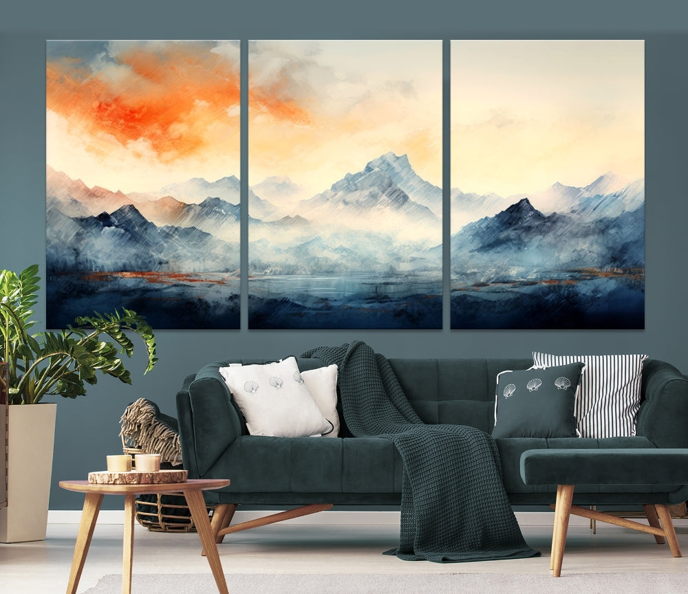 Mountain & Sunset Piece Wall Art, Abstract Nature Print, Watercolor Landscape Painting, Stretched and Framed