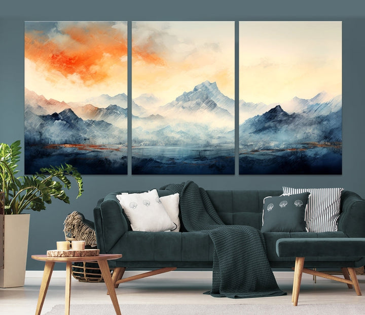 Mountain & Sunset Piece Wall Art, Abstract Nature Print, Watercolor Landscape Painting, Stretched and Framed