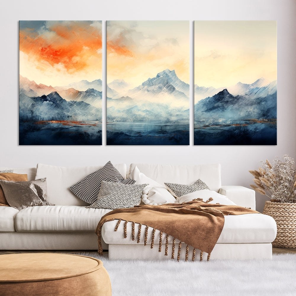 Mountain & Sunset Piece Wall Art, Abstract Nature Print, Watercolor Landscape Painting, Stretched and Framed