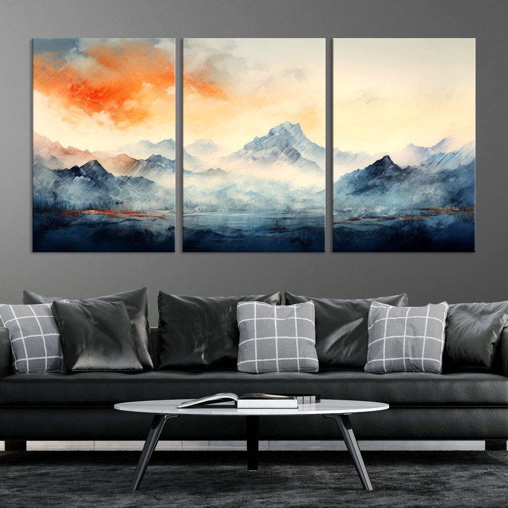 Mountain & Sunset Piece Wall Art, Abstract Nature Print, Watercolor Landscape Painting, Stretched and Framed