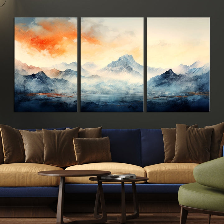 Mountain & Sunset Piece Wall Art, Abstract Nature Print, Watercolor Landscape Painting, Stretched and Framed