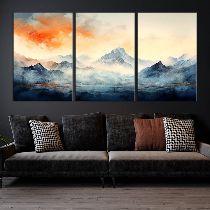 Mountain & Sunset Piece Wall Art, Abstract Nature Print, Watercolor Landscape Painting, Stretched and Framed