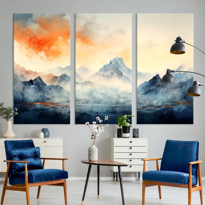 Mountain & Sunset Piece Wall Art, Abstract Nature Print, Watercolor Landscape Painting, Stretched and Framed