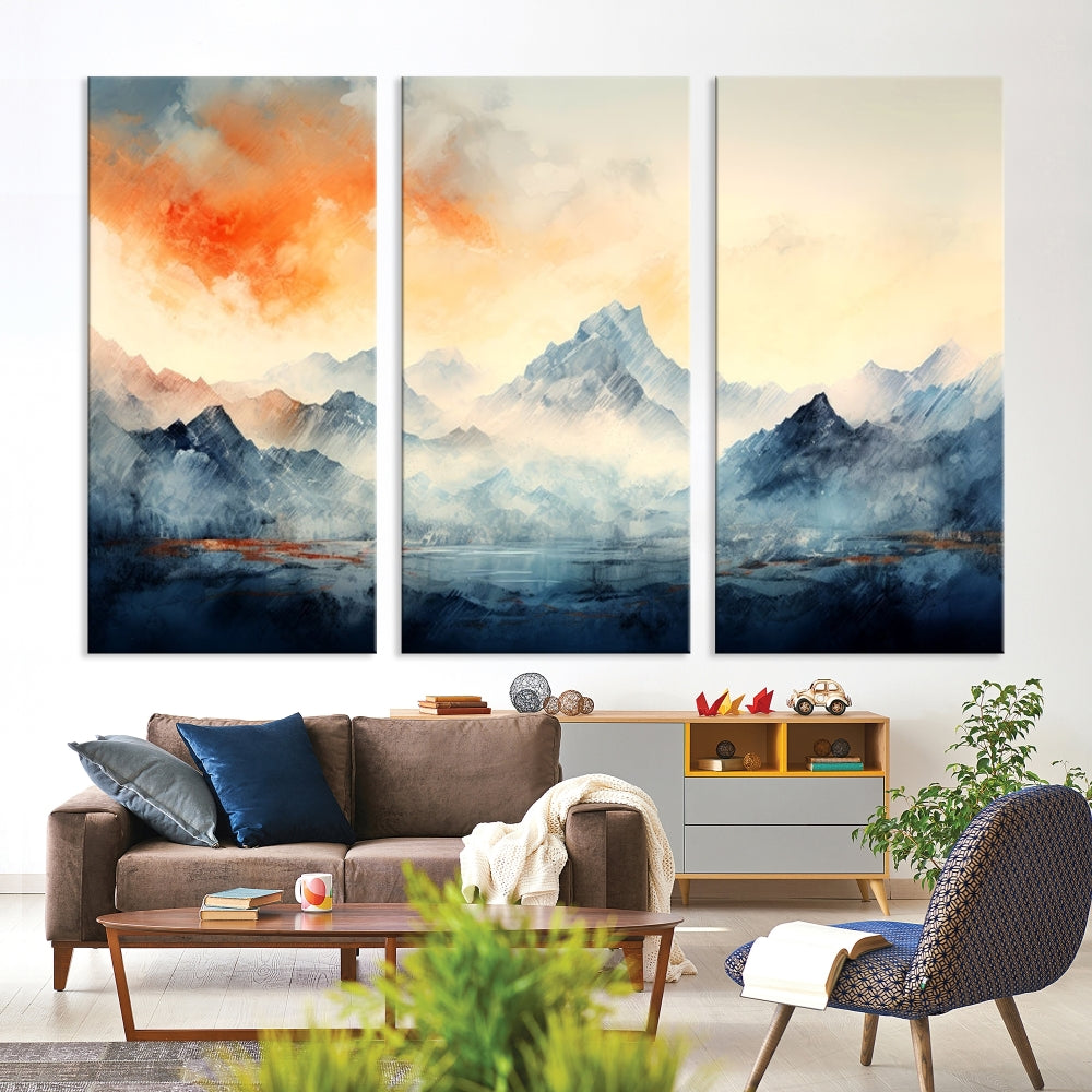 Mountain & Sunset Piece Wall Art, Abstract Nature Print, Watercolor Landscape Painting, Stretched and Framed