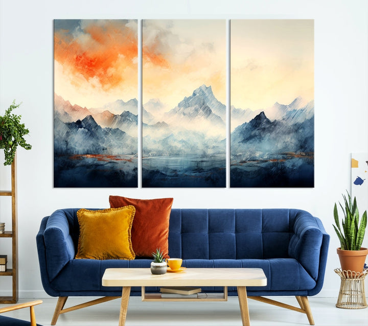 Mountain & Sunset Piece Wall Art, Abstract Nature Print, Watercolor Landscape Painting, Stretched and Framed