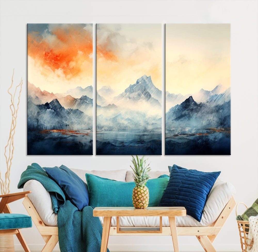 Mountain & Sunset Piece Wall Art, Abstract Nature Print, Watercolor Landscape Painting, Stretched and Framed