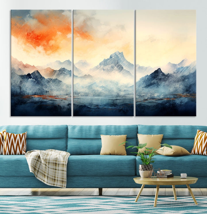 Mountain & Sunset Piece Wall Art, Abstract Nature Print, Watercolor Landscape Painting, Stretched and Framed