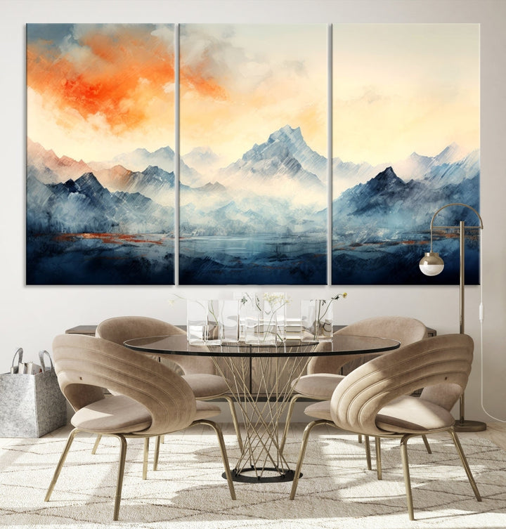 Mountain & Sunset Piece Wall Art, Abstract Nature Print, Watercolor Landscape Painting, Stretched and Framed