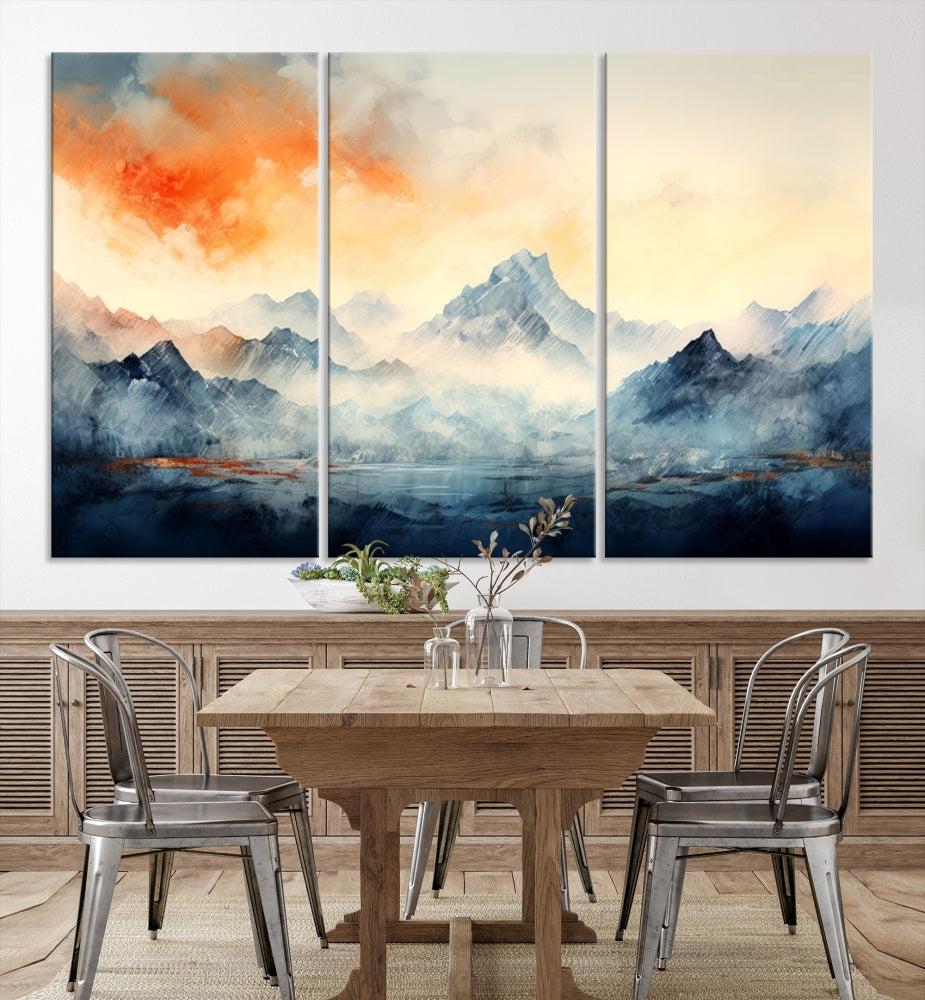 Mountain & Sunset Piece Wall Art, Abstract Nature Print, Watercolor Landscape Painting, Stretched and Framed