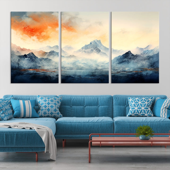 Mountain & Sunset Piece Wall Art, Abstract Nature Print, Watercolor Landscape Painting, Stretched and Framed