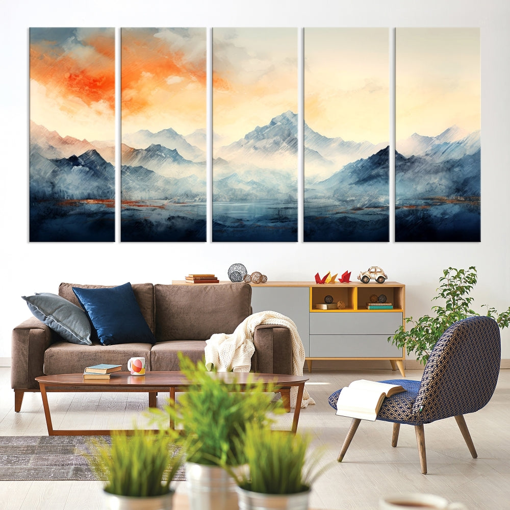 Mountain & Sunset Piece Wall Art, Abstract Nature Print, Watercolor Landscape Painting, Stretched and Framed