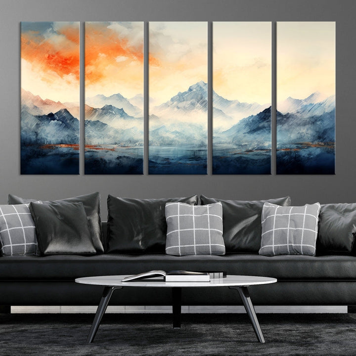 Mountain & Sunset Piece Wall Art, Abstract Nature Print, Watercolor Landscape Painting, Stretched and Framed