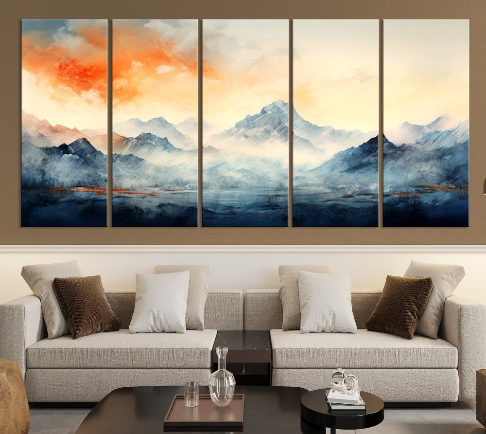 Mountain & Sunset Piece Wall Art, Abstract Nature Print, Watercolor Landscape Painting, Stretched and Framed