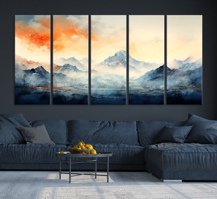 Mountain & Sunset Piece Wall Art, Abstract Nature Print, Watercolor Landscape Painting, Stretched and Framed