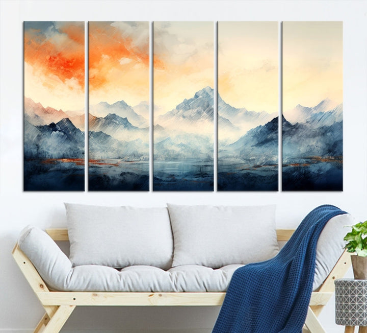 Mountain & Sunset Piece Wall Art, Abstract Nature Print, Watercolor Landscape Painting, Stretched and Framed