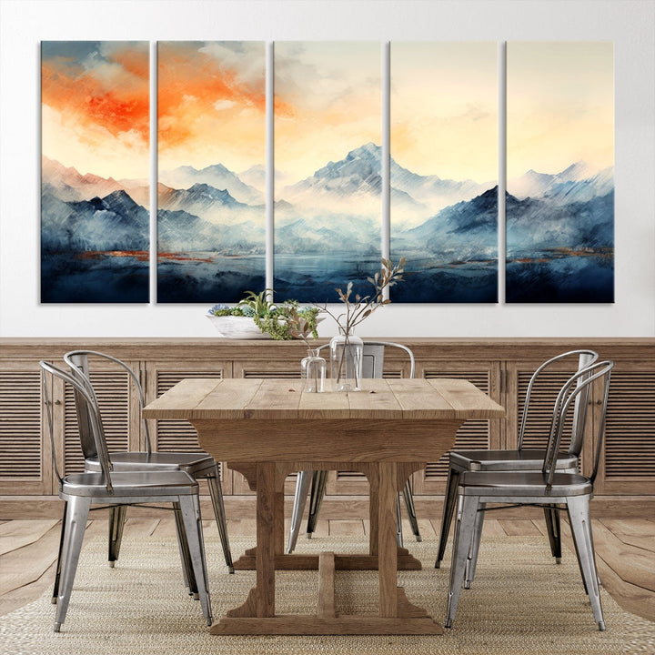 Mountain & Sunset Piece Wall Art, Abstract Nature Print, Watercolor Landscape Painting, Stretched and Framed